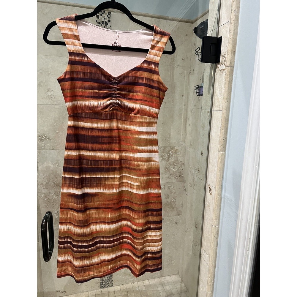 prAna Viana Dress Womens XS Orange Brown Striped Empire Waist Sleeveless Knit